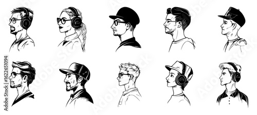 Male professions profile doodle set with side view hand-drawn faces of workers, staff, and professionals