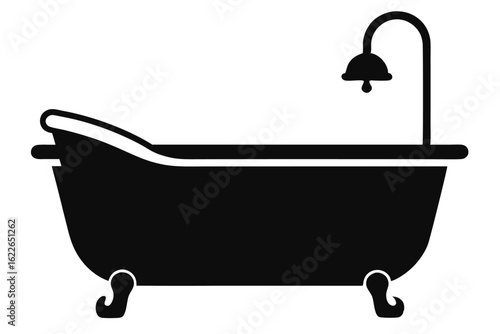 Black Bathtub Illustration Clawfoot Tub Silhouette with Vintage Shower Fixture and Plumbing