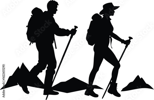 Mountain Hiking Silhouette Vector with Men and Women Trekking Elements for Clipart Design