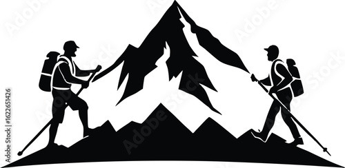 Hiking men silhouette trekking mountain adventure vector illustration outdoor nature clipart design
