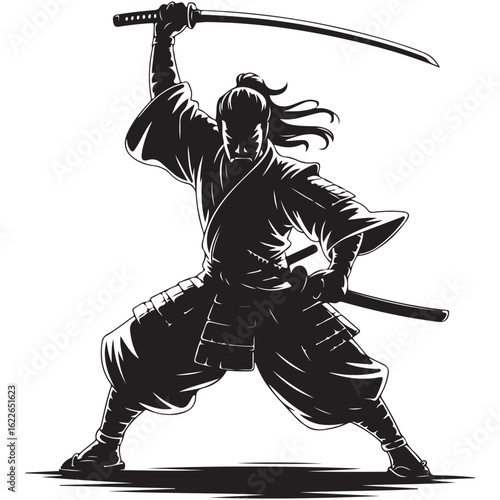 Fierce samurai warrior in dynamic pose with katana sword ready for battle
