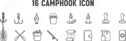 Set of sixteen camping and fishing themed line icons in black and white isolated