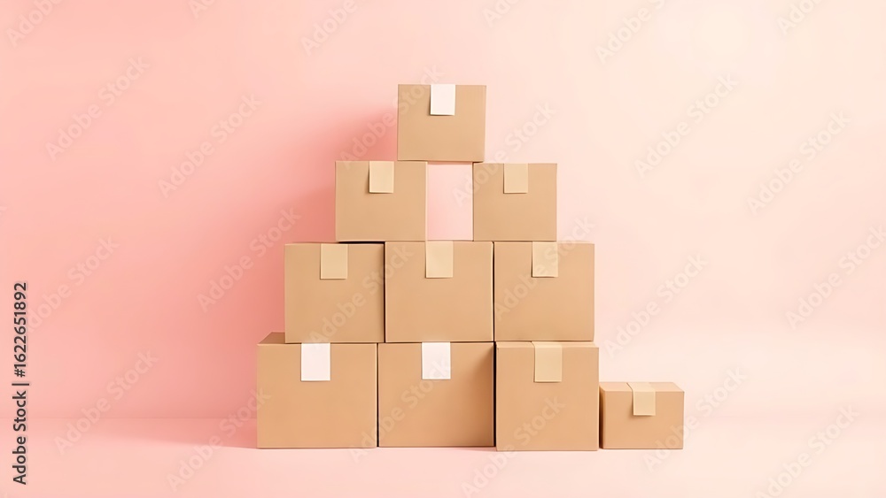 Fototapeta premium Minimalist cardboard boxes arranged in a pyramid, representing modern shopping concepts.