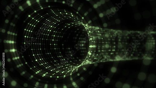 Abstract sci-fi green tunnel. Wormhole absorbs cyberspace. 3D portal. Futuristic fantasy high-tech funnel. 3d rendering.