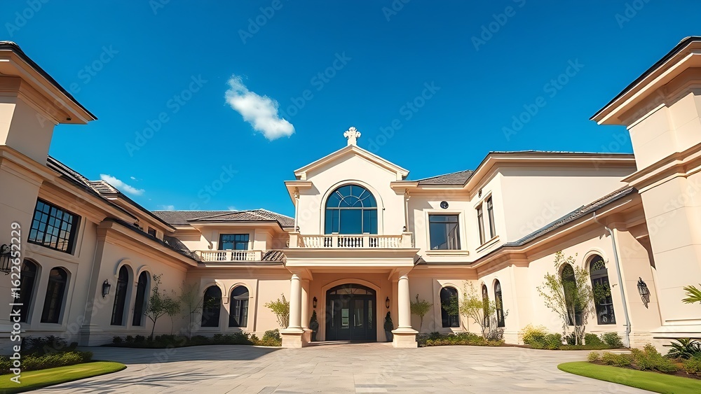 Elegant residence entrance with architectural details under a clear blue sky, exuding luxury. Elegant residence entrance with architectural details under a clear blue sky, exuding luxury.