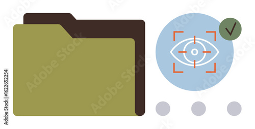 File folder next to eye recognition icon with a checkmark signalizing secure access. Ideal for data privacy, cybersecurity, access control, identity verification, technology, authentication, simple