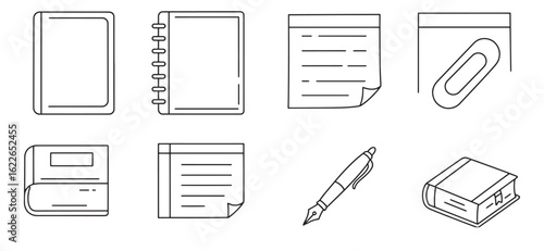 Simple black and white stationery and office supplies line art illustrations