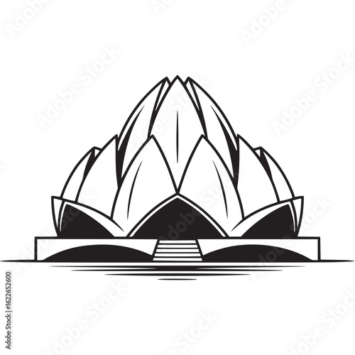 Black and white lotus temple illustration on transparent background