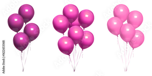 Pink balloon bday bunch, 3d birthday violet balls float ribbon. Purple minimal vector balons on thin string, happy anniversary party decor mockup. Air helium inflated bound event congratulation gift