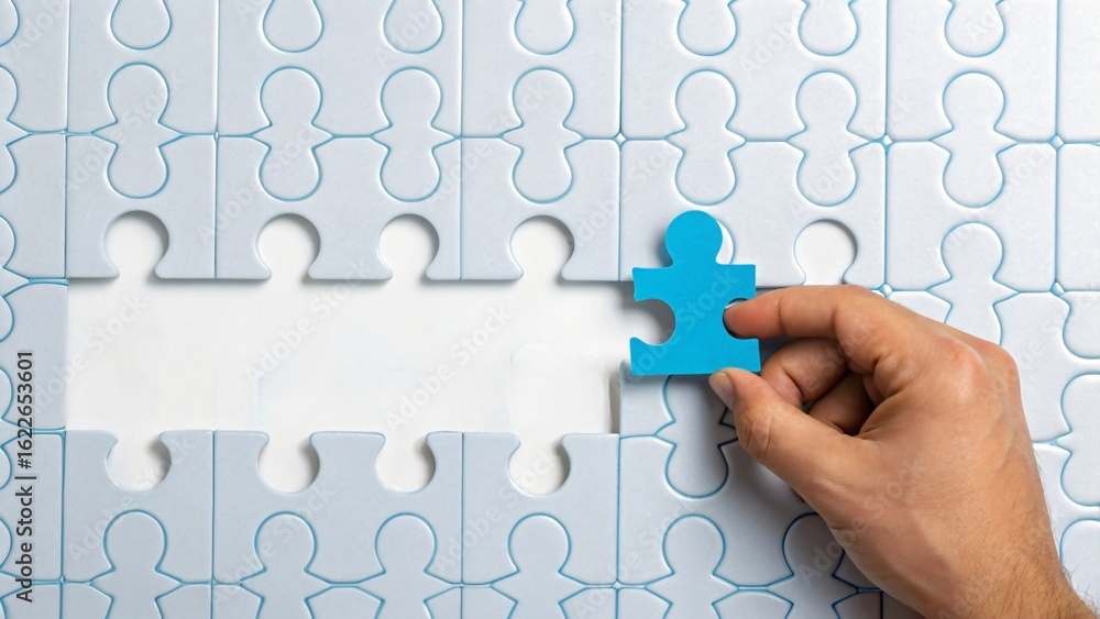 Hand placing blue puzzle piece into incomplete white puzzle Hand placing blue puzzle piece into incomplete white puzzle