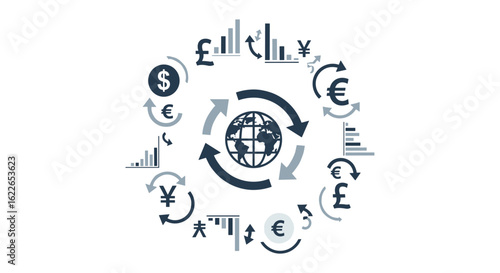 A circular graphic illustrating global finance with currency symbols, charts, and a central globe, representing international business and financial transactions.