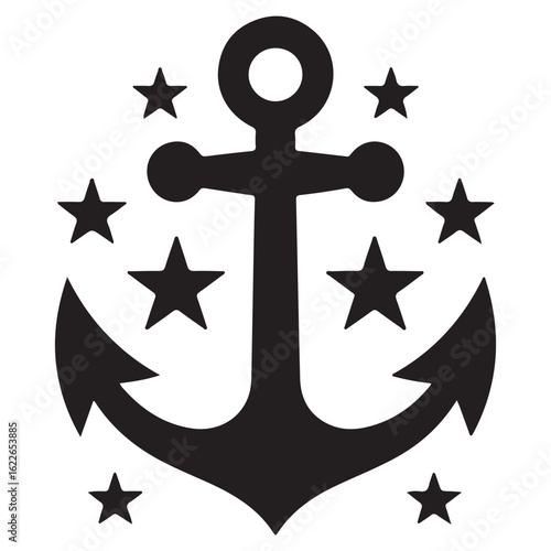 Nautical anchor with stars silhouette graphic design element