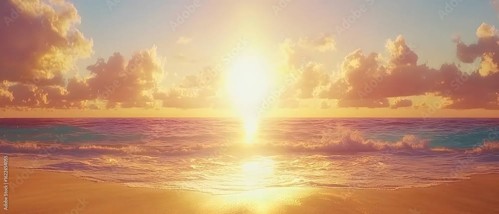 Fototapeta premium Stunning Golden Sunset over Ocean Waves Beach Scene
