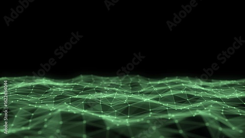 Digital technology wave. Dark cyberspace with green motion dots and lines. Futuristic digital background. Big data analytics. 3d rendering.