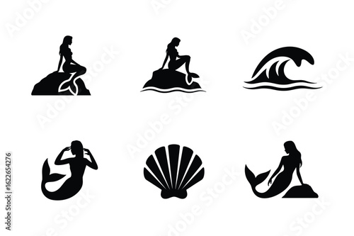 Mermaid silhouettes on rocks and waves with a seashell vector
