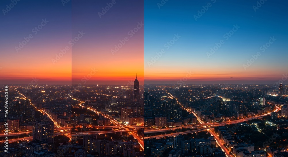 Obraz premium Half night half sunset cityscape with lights buildings and a gradient sky