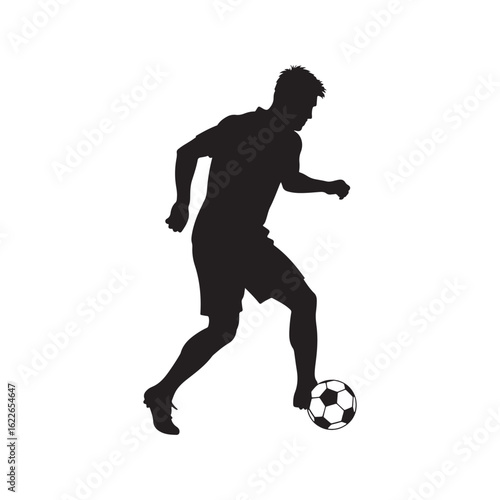 Dynamic football player logo with goal kick silhouette and explosion design for sports academy, championship, or soccer team branding in modern vector style.