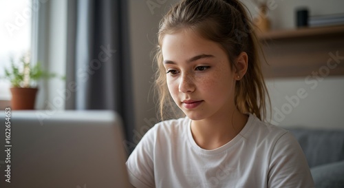 Radiant girl 12 to 14 years old glowing skin natural freckles focused on laptop soft natural light warm cozy room generative ai