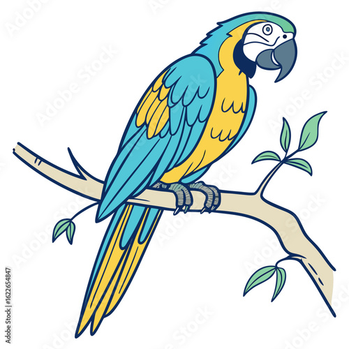 Colorful blue and yellow macaw parrot perched on a branch