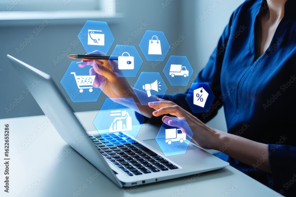 Businesswoman managing an online store using a laptop with a futuristic icon interface. E-commerce technology and digital marketing concept. Businesswoman managing an online store using a laptop with a futuristic icon interface. E-commerce technology and digital marketing concept.