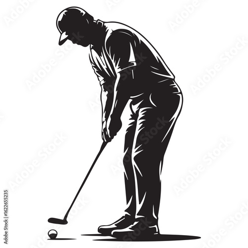 Golfer in silhouette concentrating on a putt on the green
