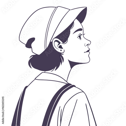 Young woman in a cap and overalls looking up