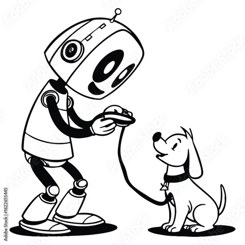 A friendly robot walks a happy dog with a leash in a cartoon illustration
