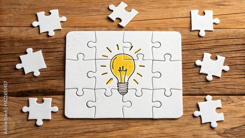 Assembled puzzle with a light bulb and scattered pieces
