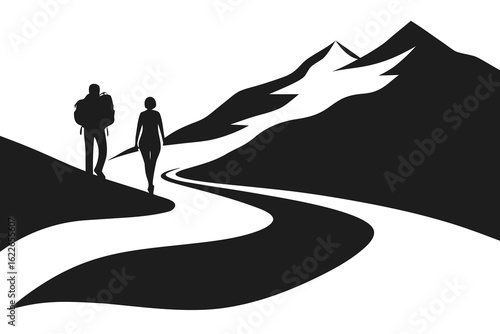 Black and White Silhouette of Hiking Couple with Backpack on Mountain Path