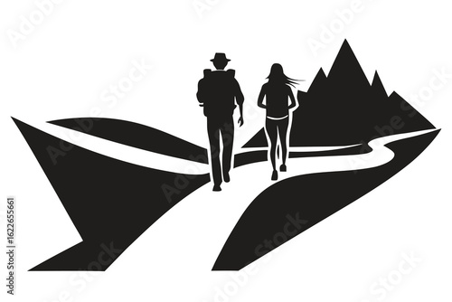 Black Silhouette Couple Hiking on Winding Trail Near Mountains, Man with Hat and Backpack