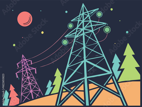Electrical power grid showing interconnected transmission lines, towers, and energy flow across a network.

