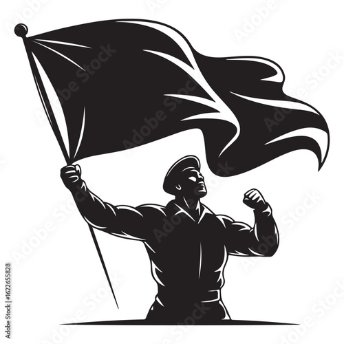 Silhouette of a man holding a large black flag aloft with a clenched fist raised in defiance and strength