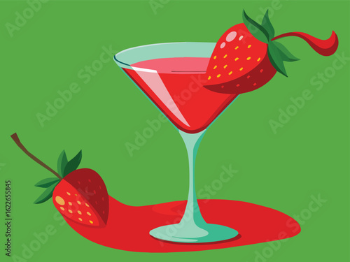Strawberry Daiquiri cocktail bright red, served in a classic glass with a strawberry garnish and crushed ice.
