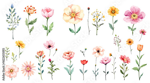 Natural meadow bloom collection with delicate watercolor textures