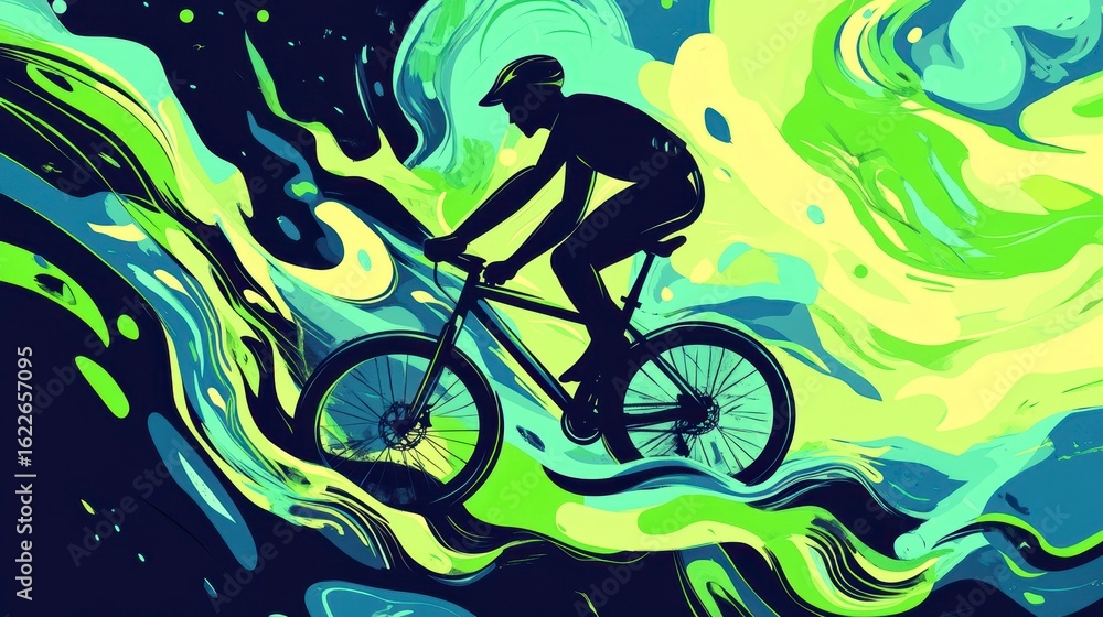 Fototapeta premium Silhouette of cyclist biking on abstract colorful background.