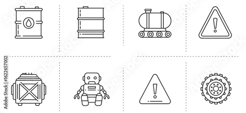 Vector illustration of various industrial and technological icons in simple line art style