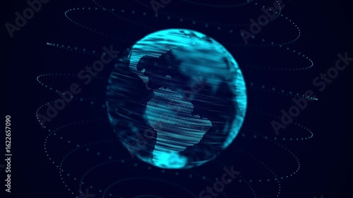Virtual planet Earth with data connection network. Technological digital globe world background. Abstract sphere with particles and lines. Security artificial intelligence of the planet. 3D rendering.