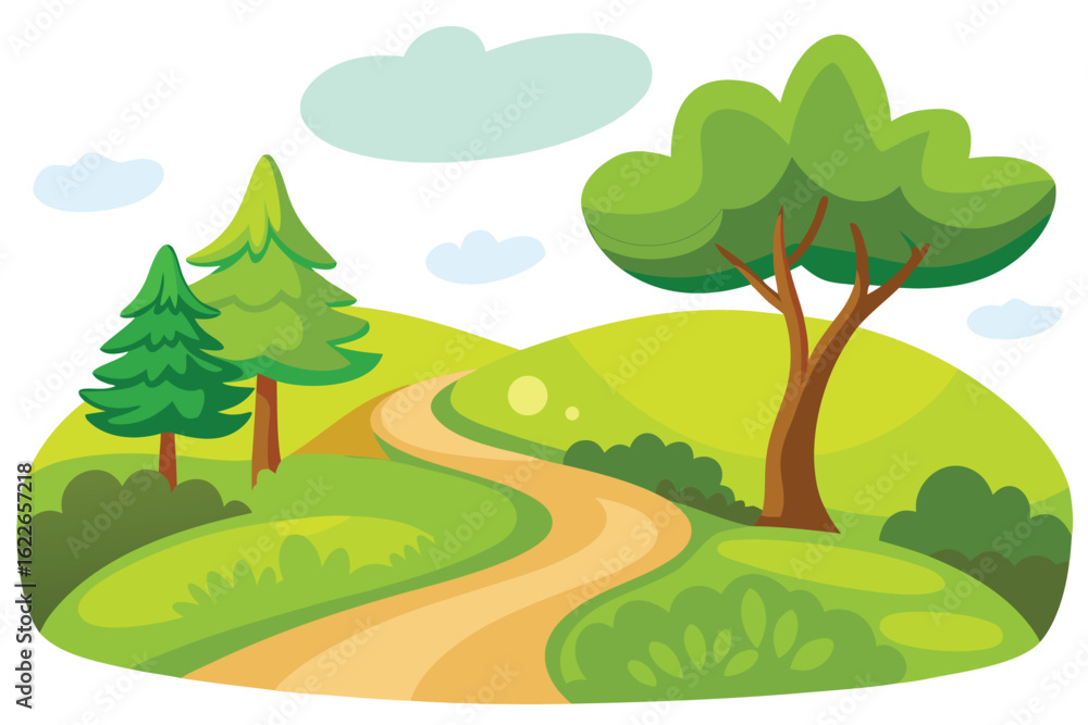 Obraz premium Cartoon Illustration of a Country Path Between Green Hills and Lush Trees