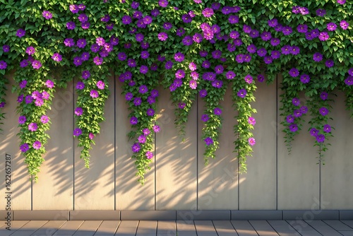Cascading purple flowers adorn a sunlit wooden wall