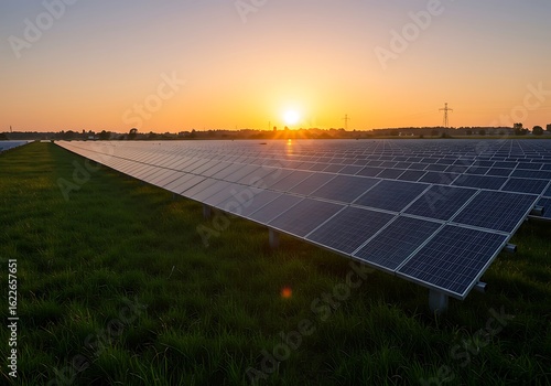 Sunset on a solar panel field in a rural landscape, renewable energy source