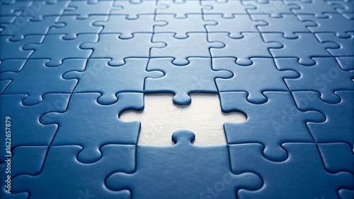 Blue jigsaw puzzle with missing piece completion solution