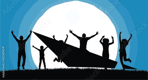 Silhouetted people jumping joyfully under full moon in night sky, celebrating unity, friendship, happiness, freedom, motivation, inspirational outdoor moment