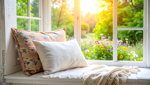 Sunlit window seat with pillows and a view of a blooming garden offers relaxation