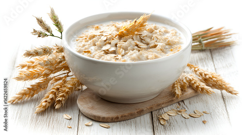 Creamy oatmeal in a bowl with wheat stalks a healthy breakfast