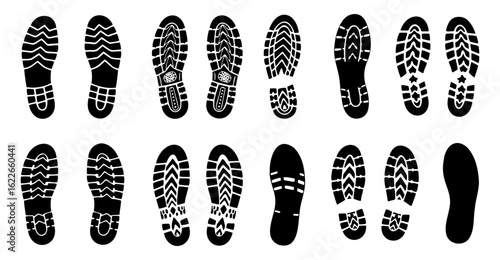 This graphic illustration shows a series of black shoe and boot tread imprints of different styles arranged in rows against a white background, creating a pattern of footprints
