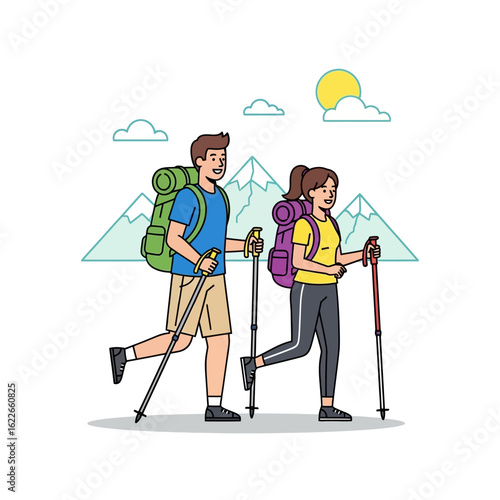 Flat vector illustration of a couple hiking with backpacks and walking sticks, summer travel concept, isolated on white background