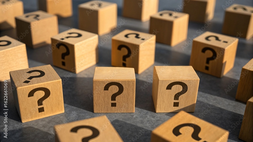 Many wooden blocks with question marks unknown mystery Many wooden blocks with question marks unknown mystery