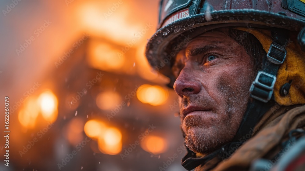 Fototapeta premium Front view of firefighter, building explosion in the background, captured in blur 