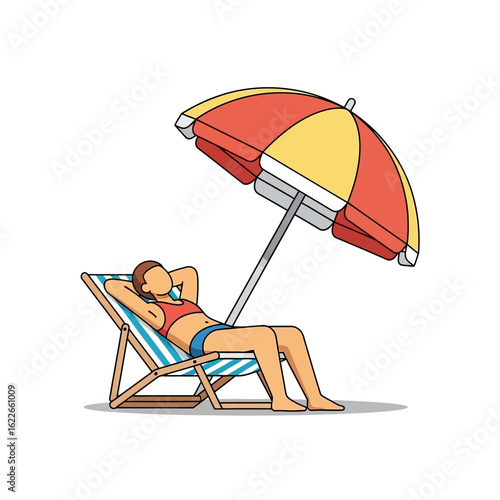 Flat vector illustration of a person sunbathing on a beach chair under an umbrella, relaxing vacation vibe, isolated on white