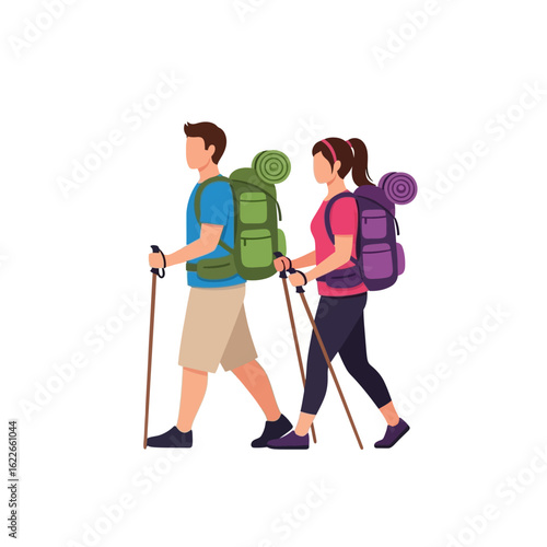Flat vector illustration of a couple hiking with backpacks and walking sticks, summer travel concept, isolated on white background